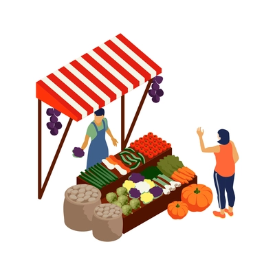 Farmer selling fresh vegetables at local farm market isometric vector illustration