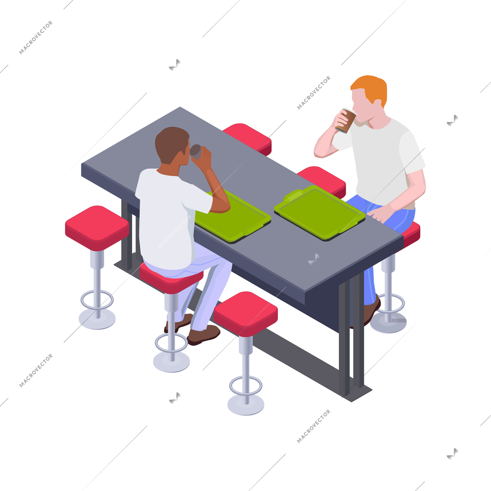 Isometric icon with two men drinking coffee in food court 3d vector illustration