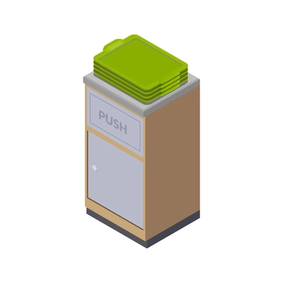 Stack of green trays on rubbish bin in food court 3d isometric vector illustration