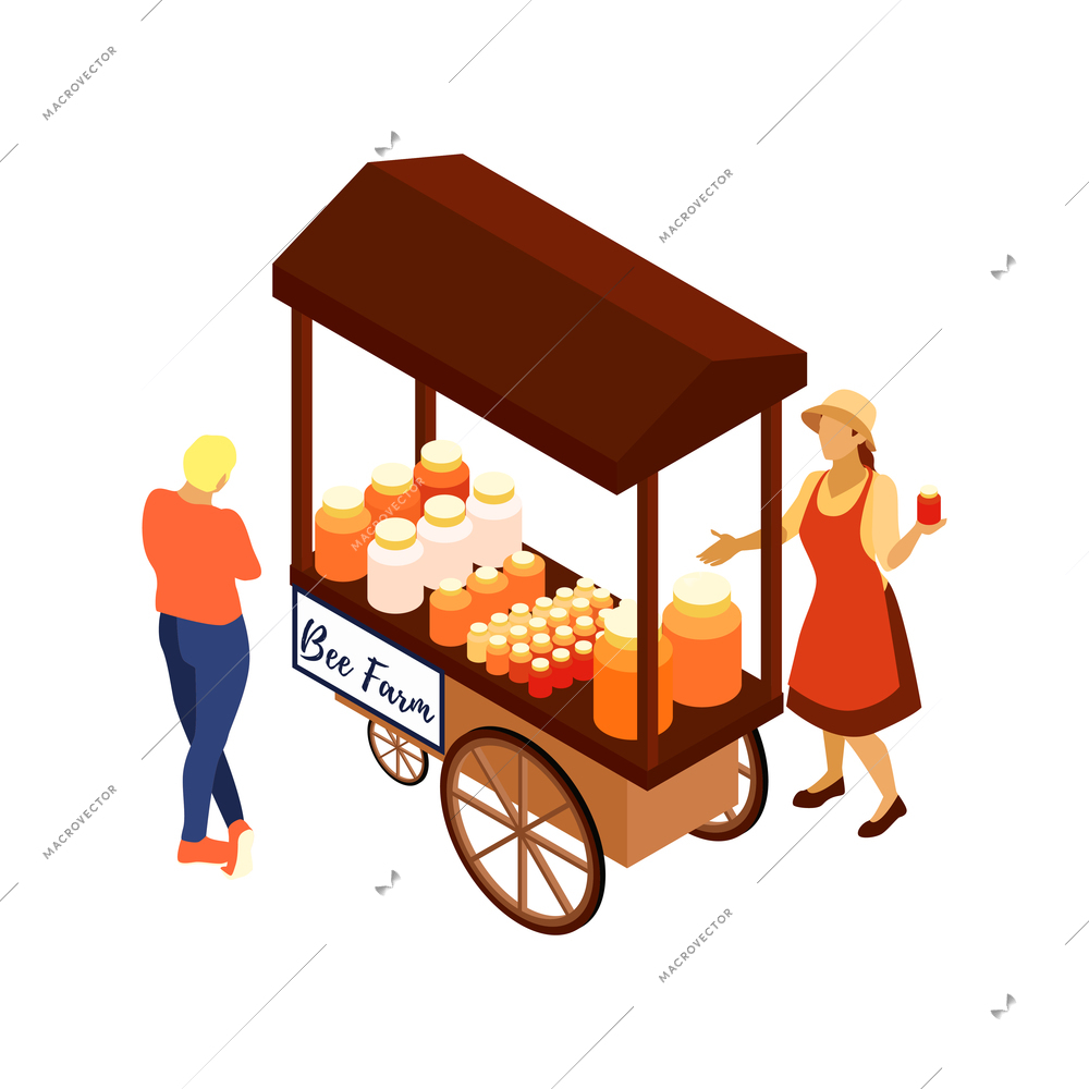 Local market isometric icon with farmer selling assorted honey 3d vector illustration