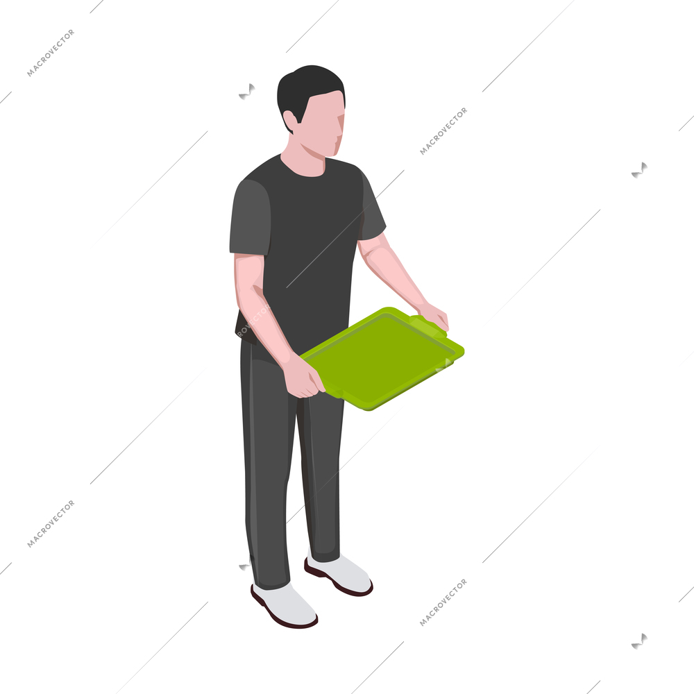 Food court isometric icon with male character standing with empty green tray 3d vector illustration