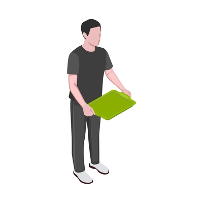 Food court isometric icon with male character standing with empty green tray 3d vector illustration