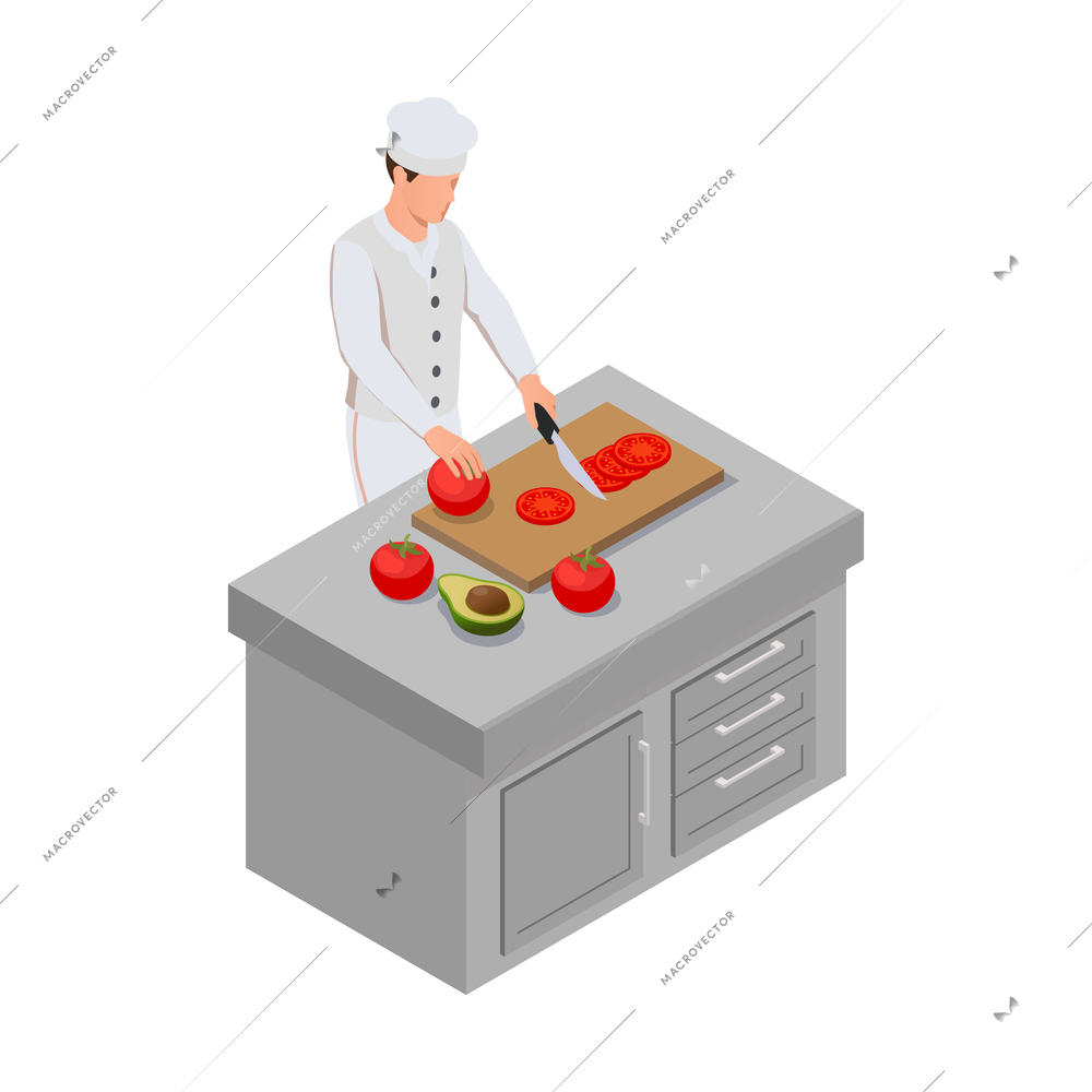 Isometric icon with male chef cutting vegetables on kitchen table 3d vector illustration