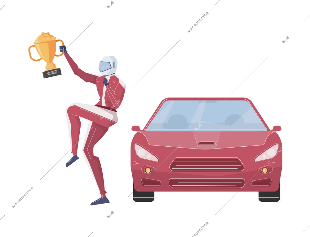 Front view of red racing car and happy winner with trophy flat isolated vector illustration