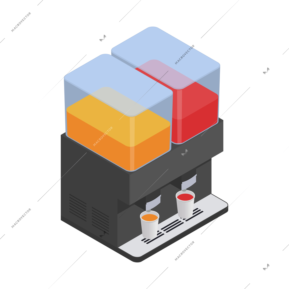 Food court isometric icon with self service juice dispensers 3d vector illustration