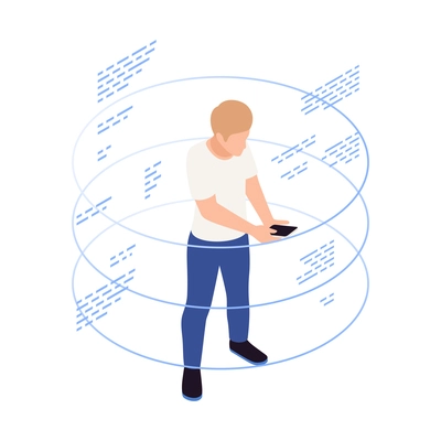 Internet of things isometric icon with man using smartphone 3d vector illustration