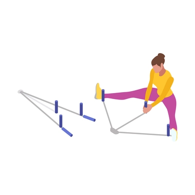 Fitness isometric icon with woman stretching legs with sport equipment isolated vector illustration