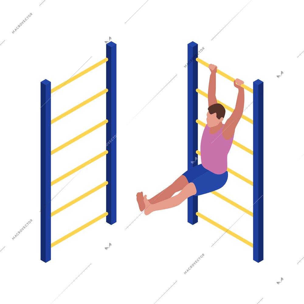 Fitness isometric icon with man training on gym wall bars 3d isolated vector illustration