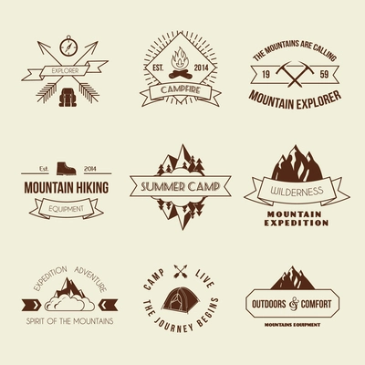 Camping mountain adventure hiking explorer equipment labels set isolated vector illustration