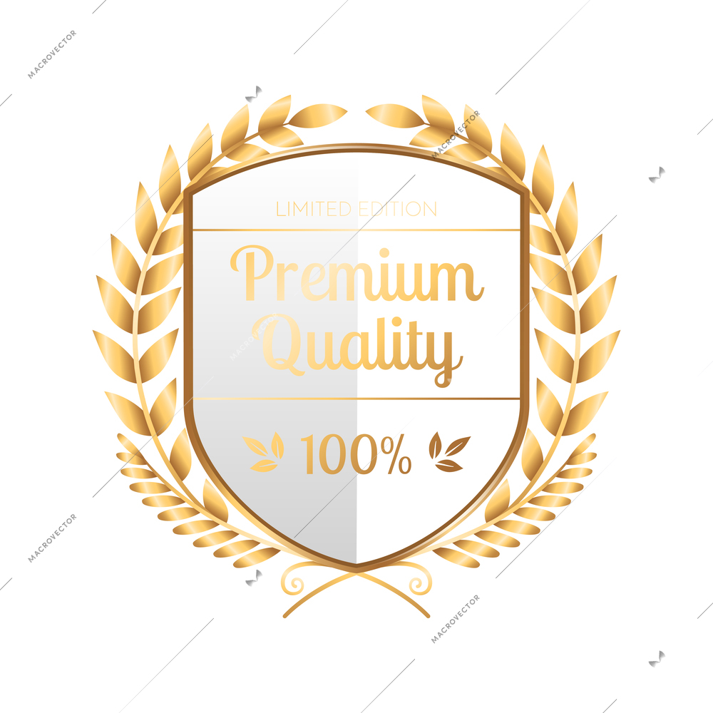 Premium quality realistic prize emblem in golden color with shield and laurel wreath vector illustration