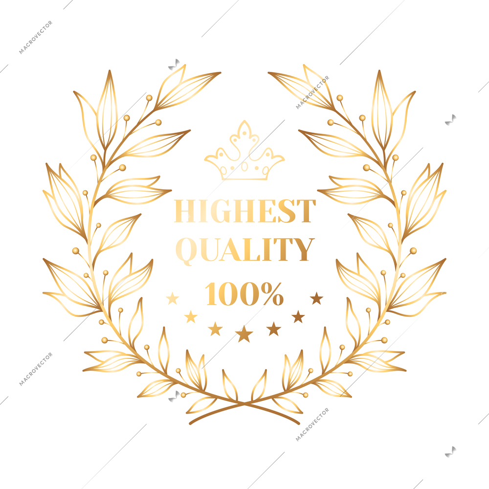 Realistic highest quality prize emblem template with golden laurel wreath and stars vector illustration