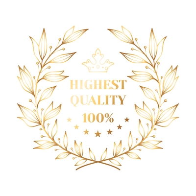 Realistic highest quality prize emblem template with golden laurel wreath and stars vector illustration