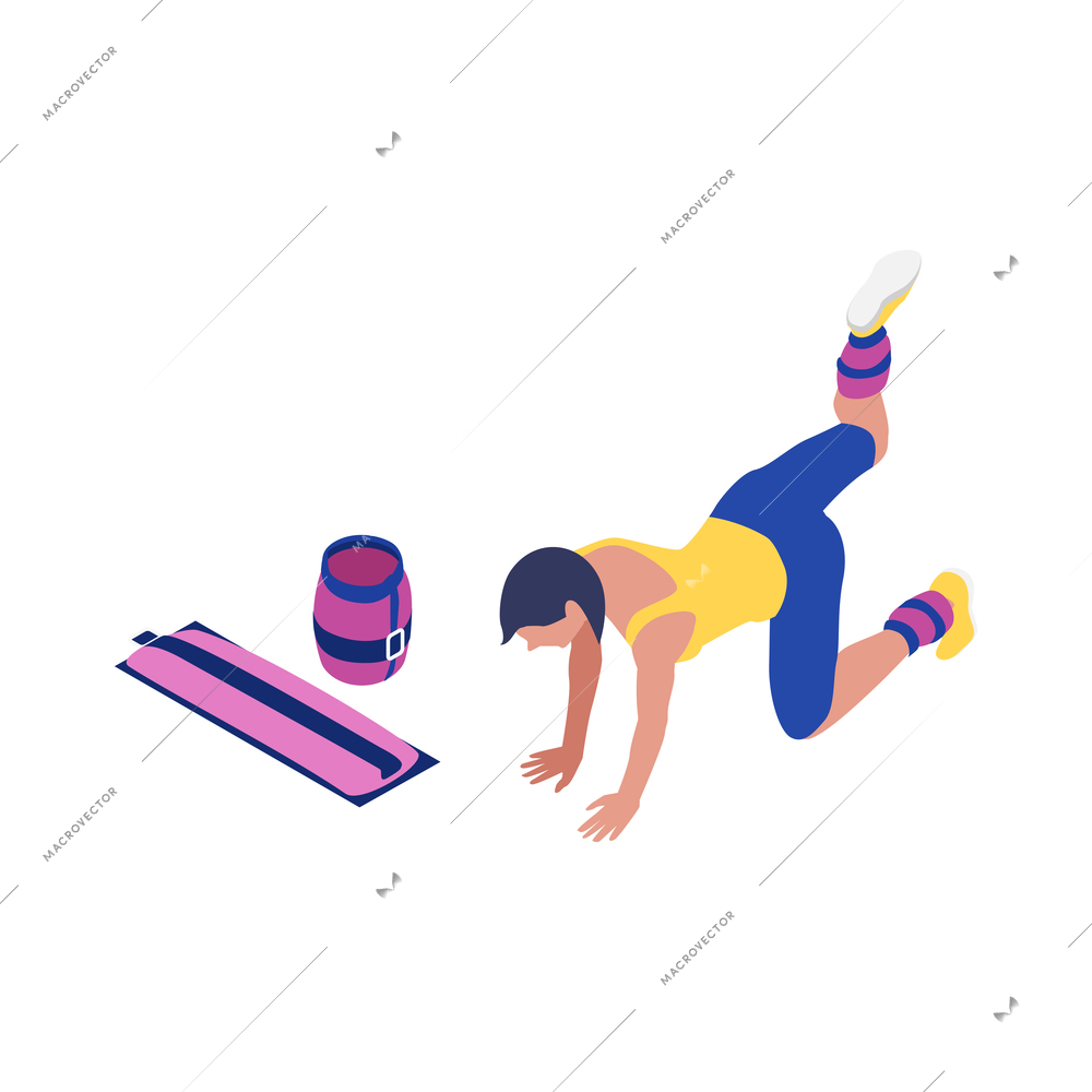 Woman doing fitness with sports equipment isometric icon isolated vector illustration