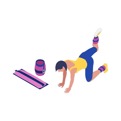 Woman doing fitness with sports equipment isometric icon isolated vector illustration