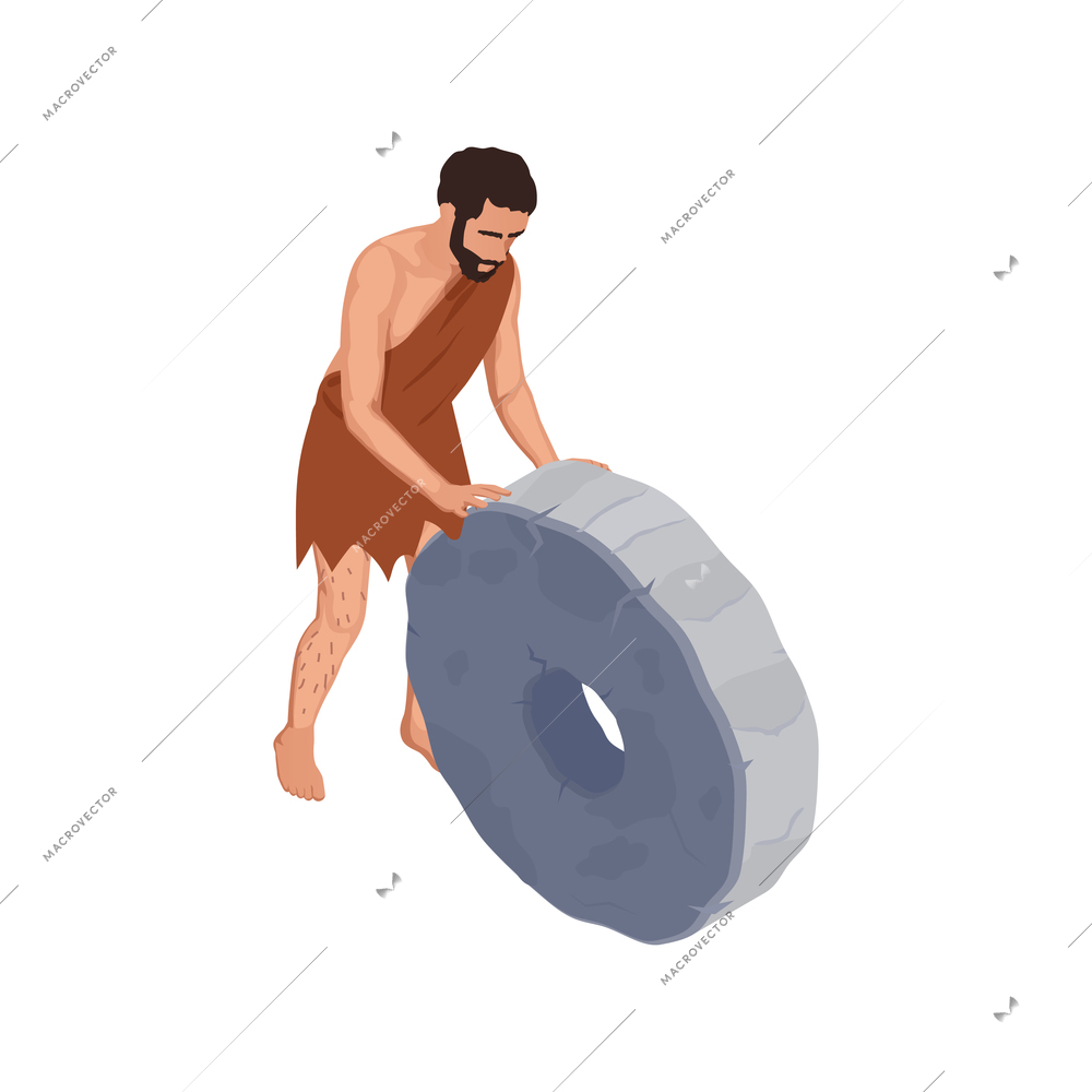 Isometric icon with ancient primitive man trundling stone wheel 3d vector illustration