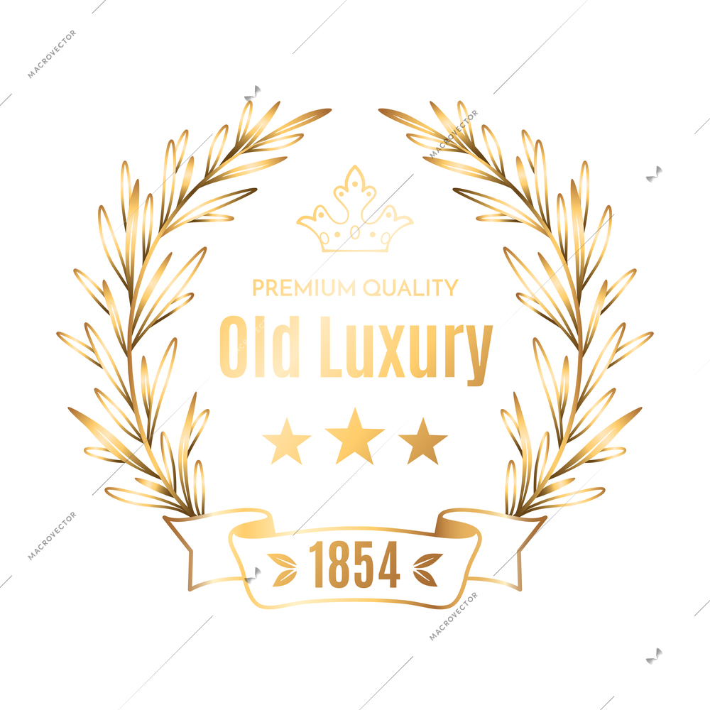 Golden old luxury emblem with laurel wreath for logo design realistic vector illustration