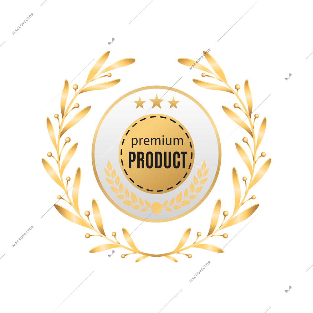 Realistic premium product emblem with golden stars and laurel wreath vector illustration