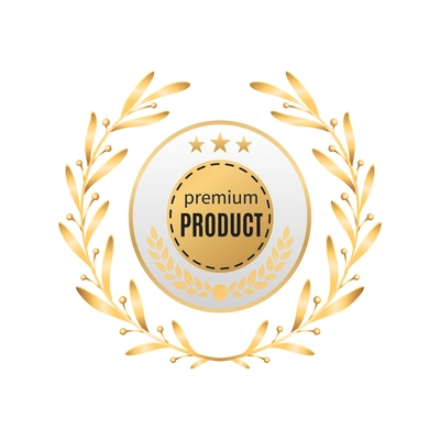 Realistic premium product emblem with golden stars and laurel wreath vector illustration