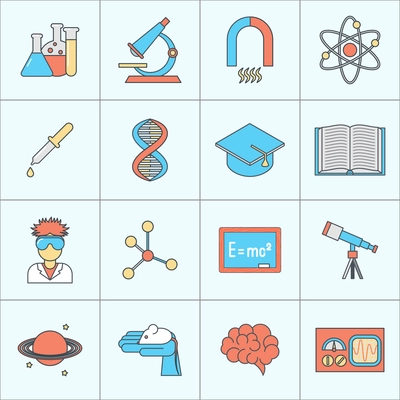 Science and research icon flat line set with beaker microscope magnet isolated vector illustration