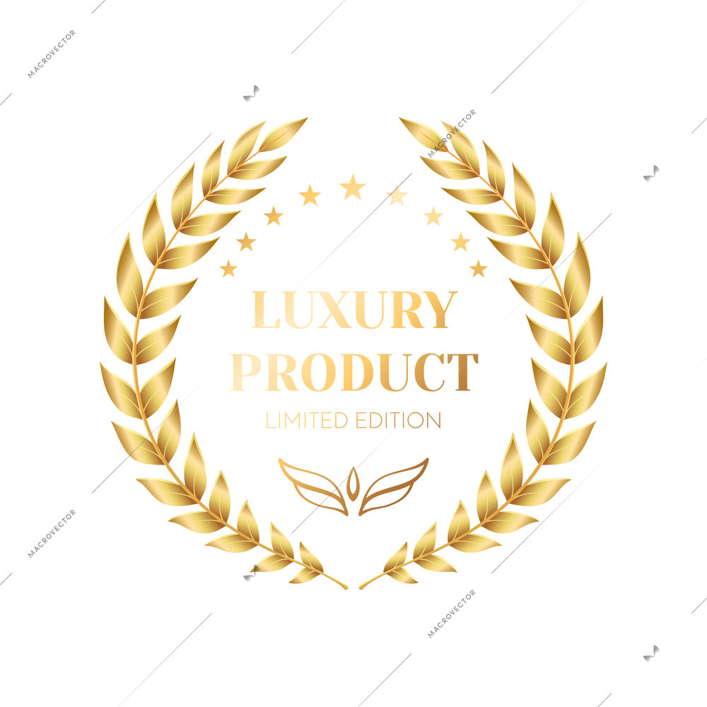 Luxury product golden emblem with laurel wreath and stars realistic vector illustration