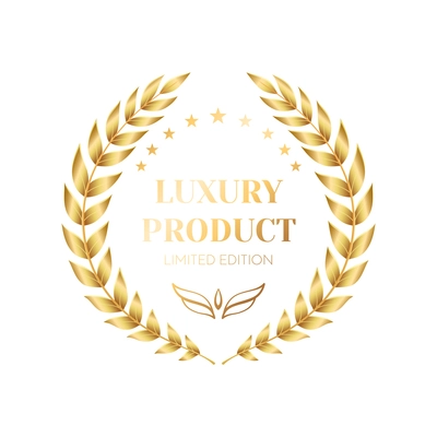 Luxury product golden emblem with laurel wreath and stars realistic vector illustration