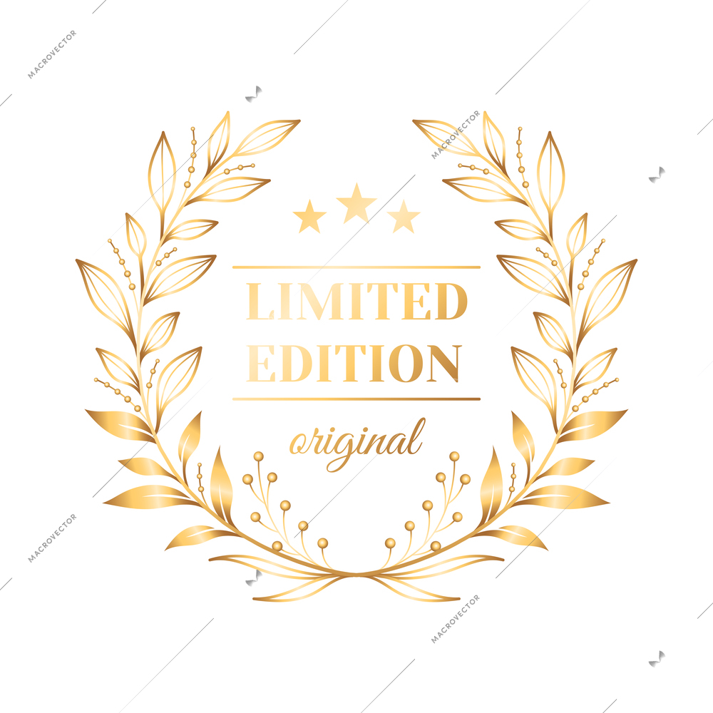Realistic prize emblem for limited edition product with golden laurel wreath vector illustration