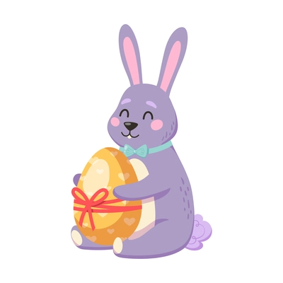 Cartoon cute easter bunny holding painted egg with ribbon vector illustration