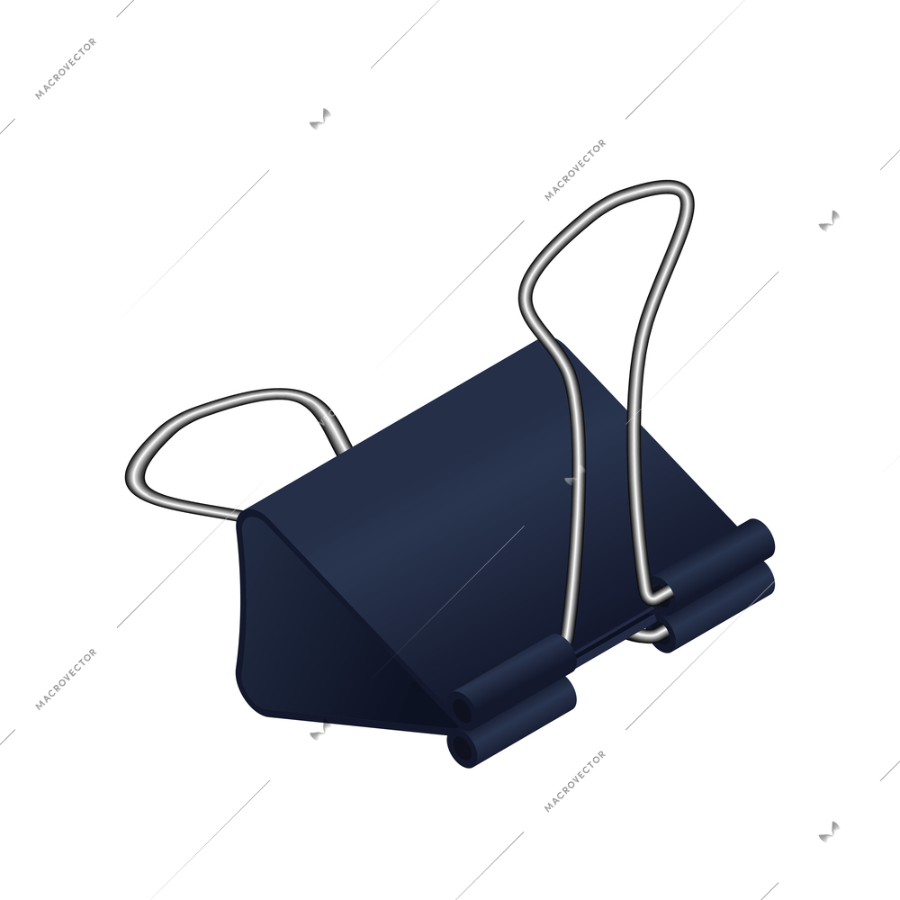 Black binder clip on white background isometric vector illustration