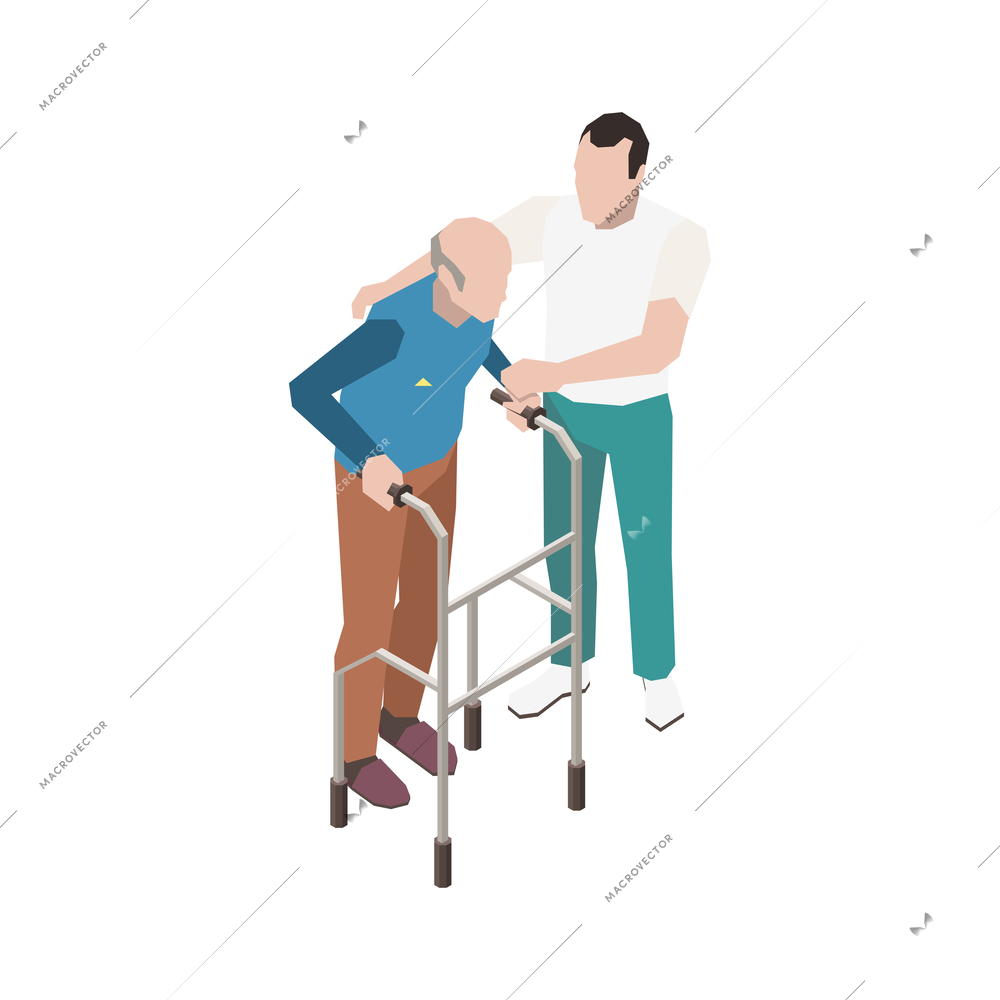 Nursing home isometric icon with character helping old man with walking frame vector illustration