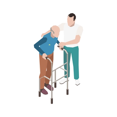 Nursing home isometric icon with character helping old man with walking frame vector illustration