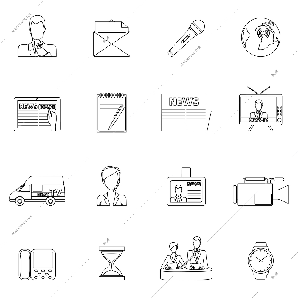 Media news icons outline set with speaker posting shooting report isolated vector illustration