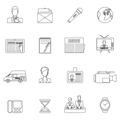 Media news icons outline set with speaker posting shooting report isolated vector illustration