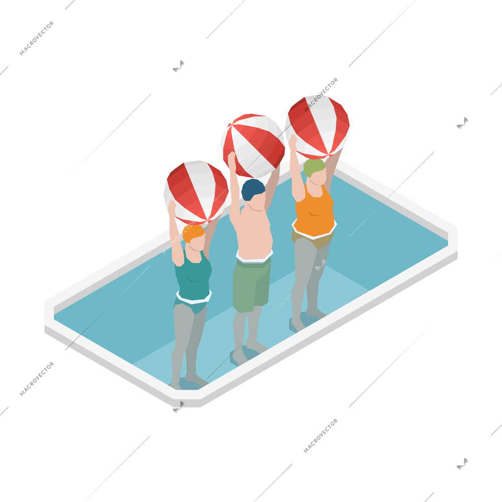 Nursing home isometric icon with elderly people doing exercises with balls in swimming pool vector illustration