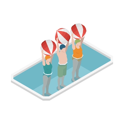 Nursing home isometric icon with elderly people doing exercises with balls in swimming pool vector illustration