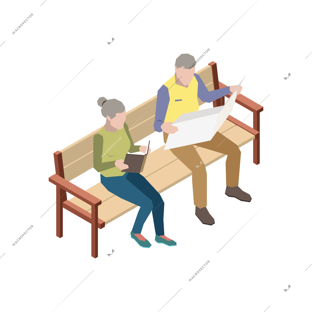 Nursing home isometric icon with elderly people sitting on bench and reading vector illustration