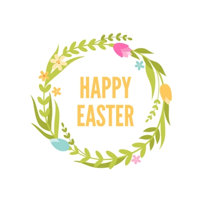 Happy easter card with flower wreath and greeting text cartoon vector illustration