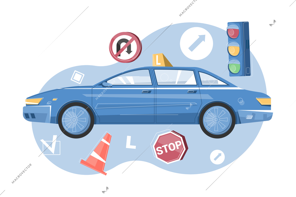 Driving school flat composition with passenger car traffic lights cone road signs vector illustration