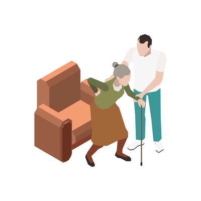 Nursing home icon with character helping senior woman with walking cane 3d isometric vector illustration