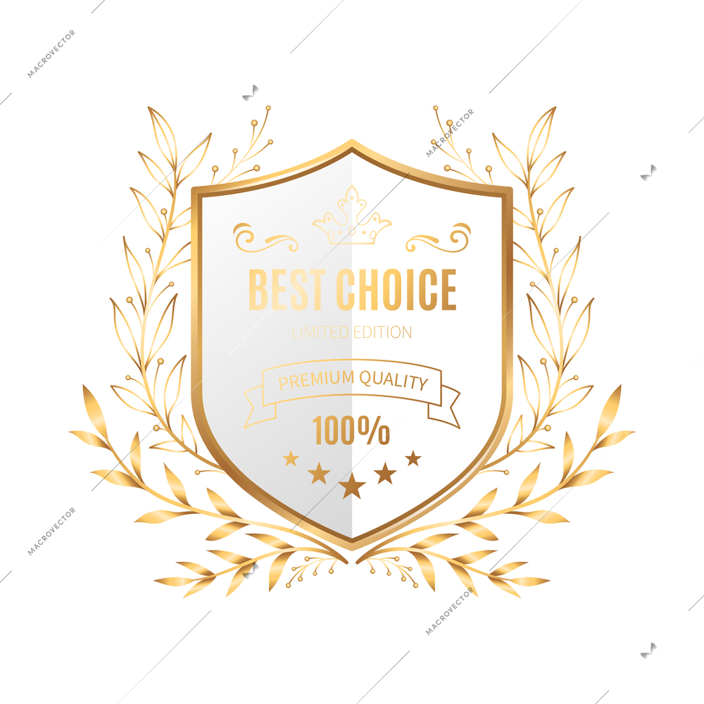 Best choice emblem with gold shield and laurel wreath realistic vector illustration