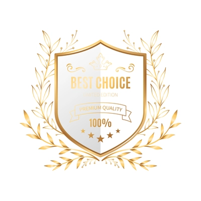 Best choice emblem with gold shield and laurel wreath realistic vector illustration