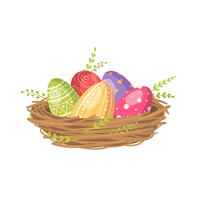 Cartoon nest with colorful patterned easter eggs and green twigs vector illustration