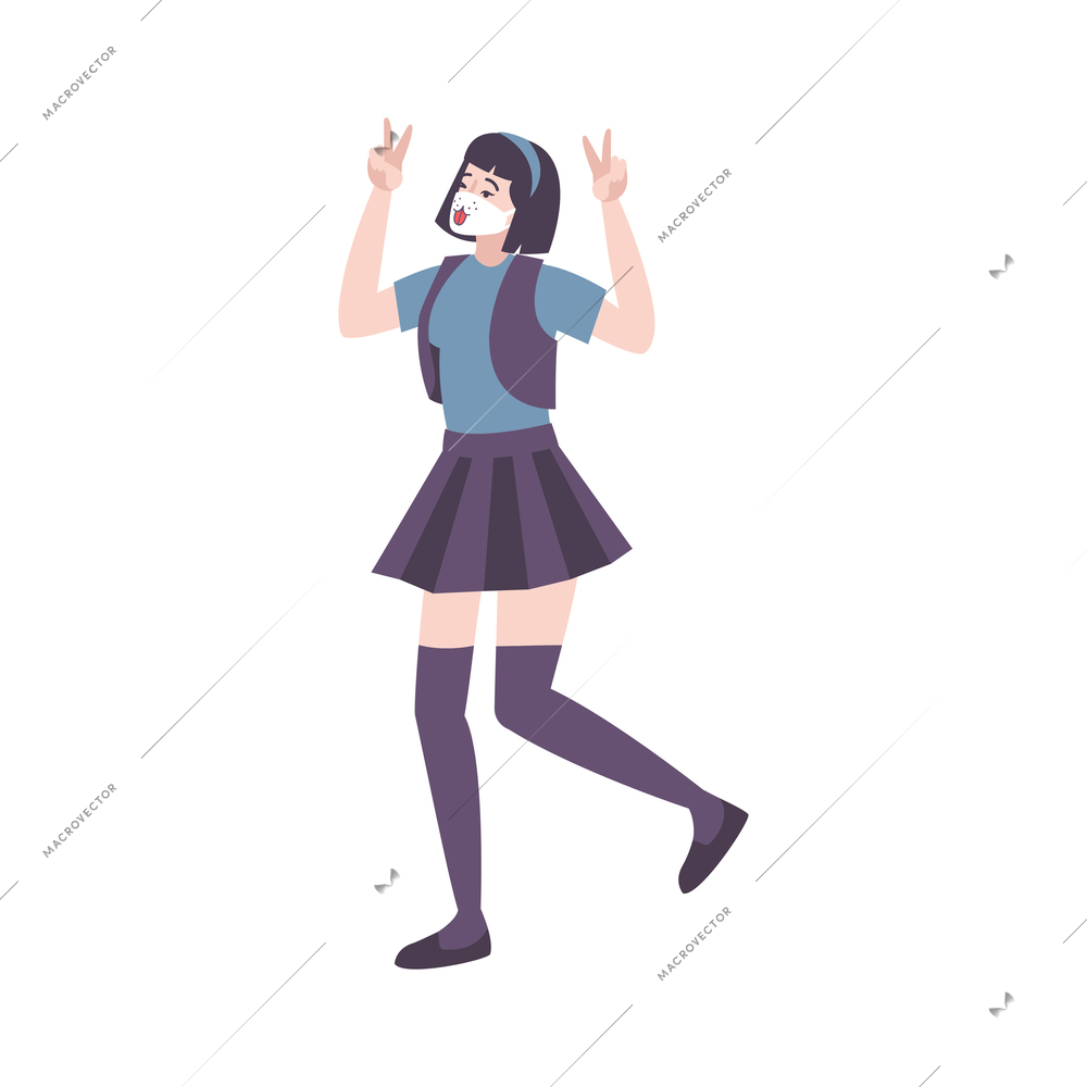 Funny girl wearing face protective mask with print flat vector illustration