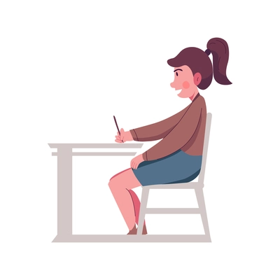 Happy character of girl student writing at lesson flat vector illustration