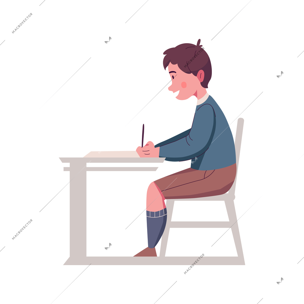 Happy boy with pen sitting at his desk in classroom flat vector illustration