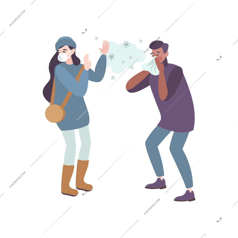Face mask protection icon with infected with coronavirus man sneezing near woman in respirator flat vector illustration