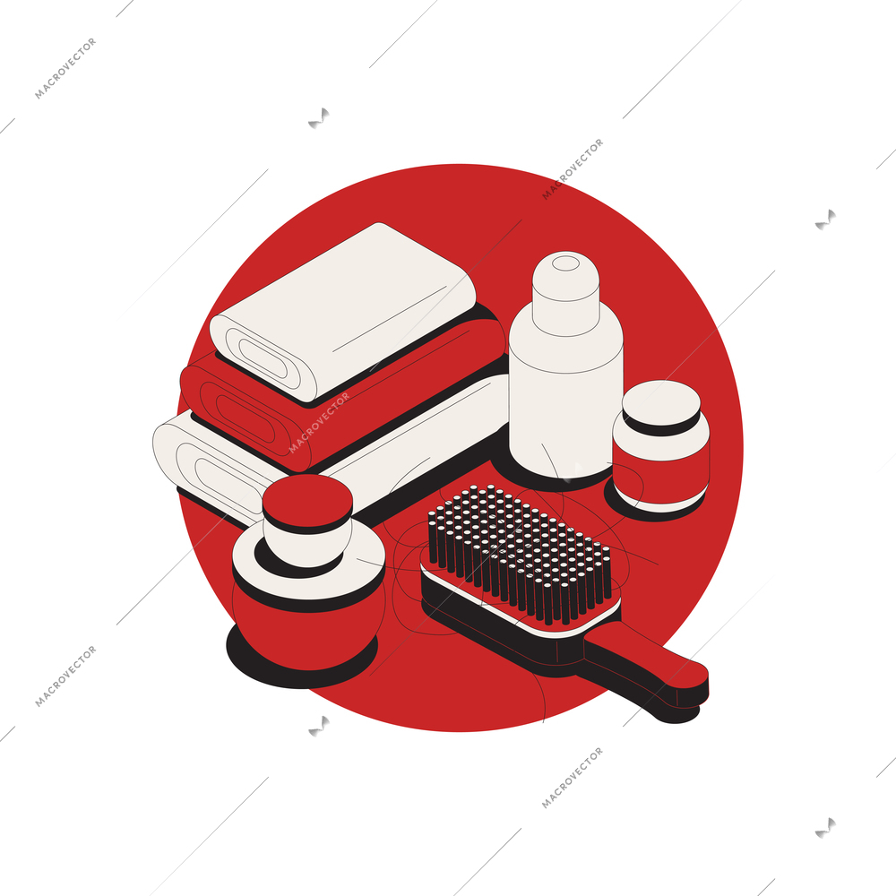 Hair problem round isometric composition with brush towels and cosmetic products 3d vector illustration