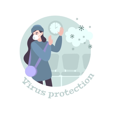 Virus protection flat composition with woman wearing protective face mask vector illustration