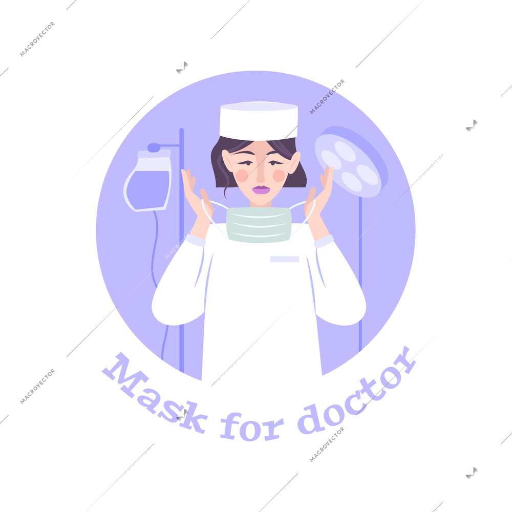 Flat composition with female doctor putting on face mask in surgery vector illustration