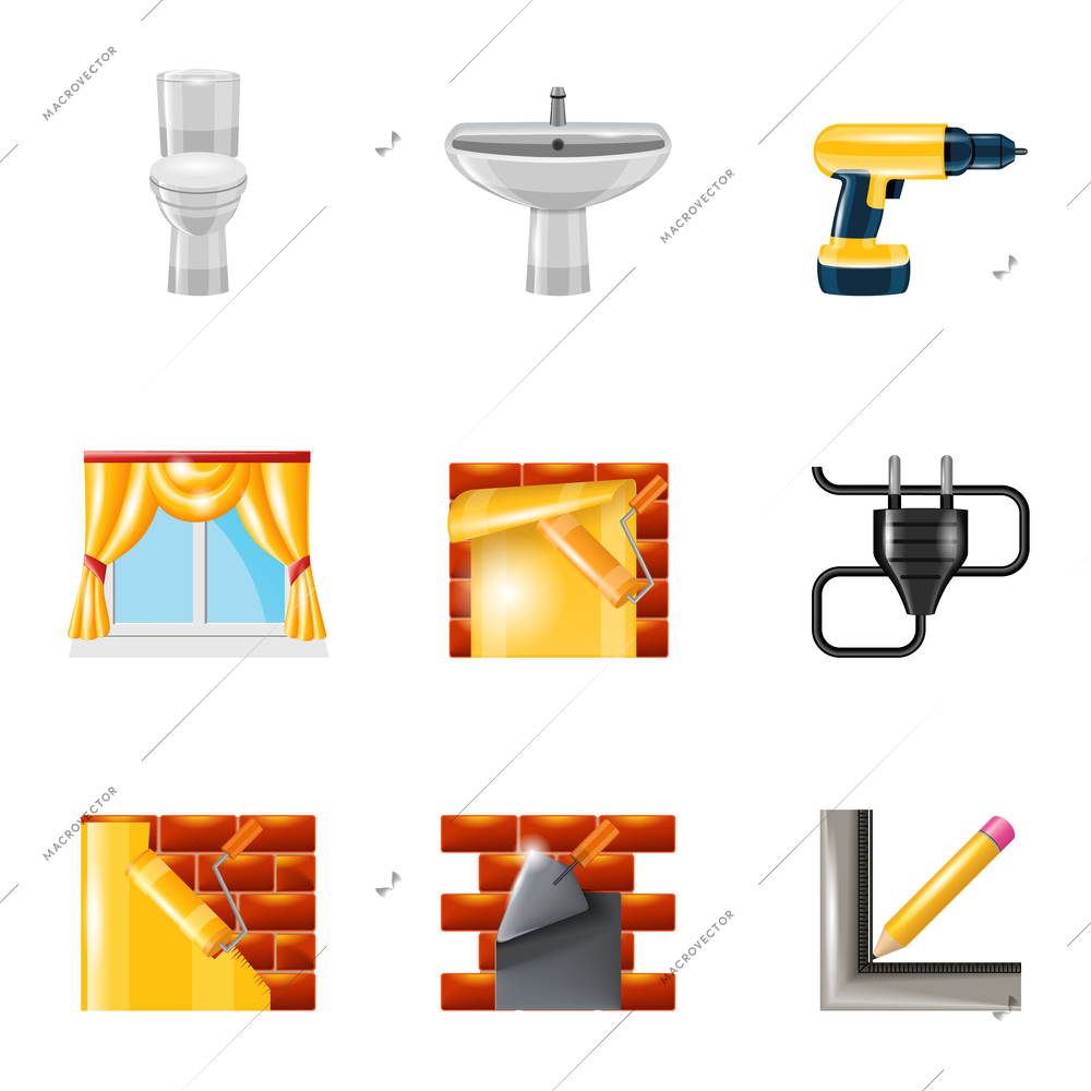 Home interior repair icons set with wallpaper roller trowel joiner isolated vector illustration