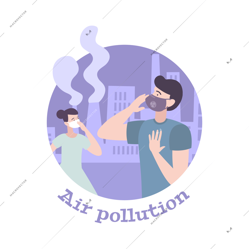 Flat composition with people wearing protective masks in city with polluted air vector illustration